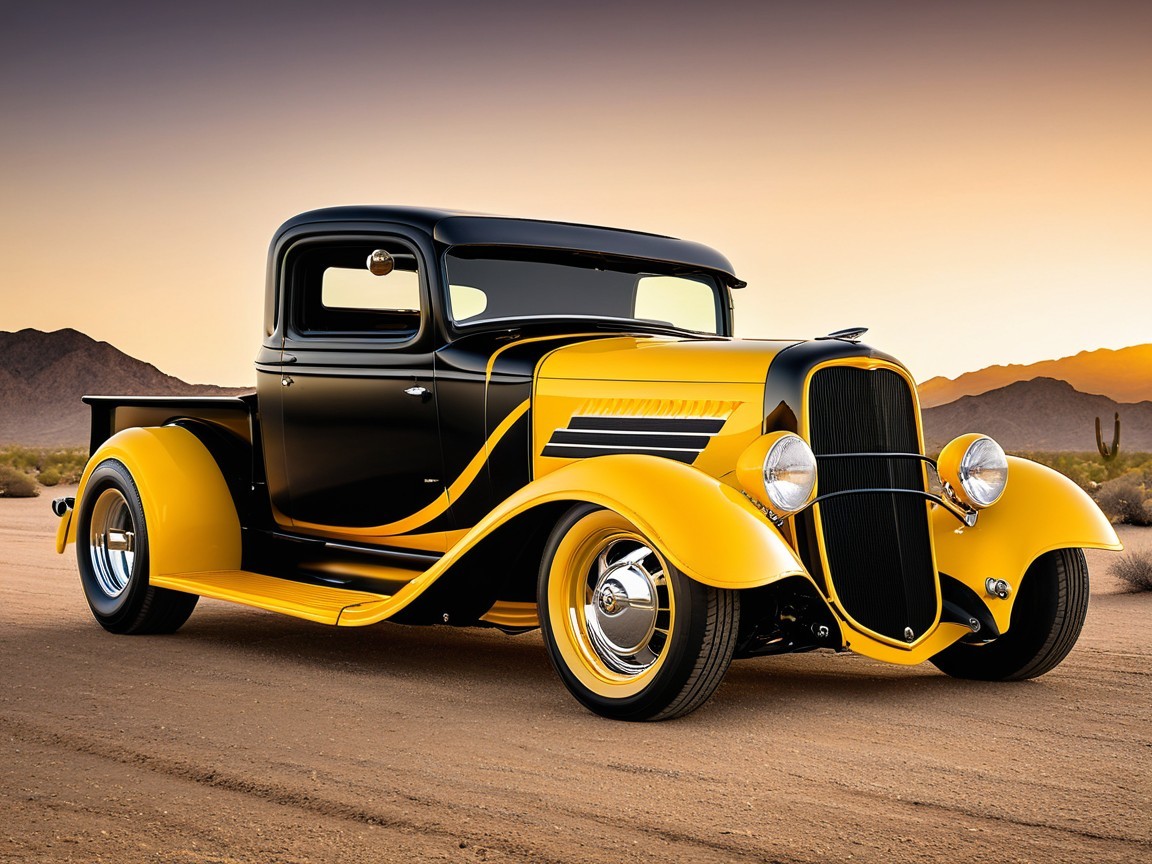 Vintage Pickup Truck in Black and Yellow with Desert View