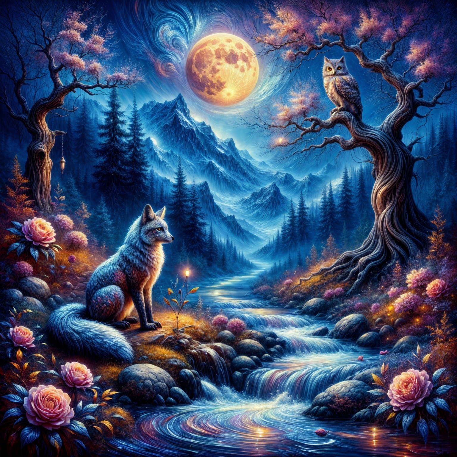 Nighttime Landscape with Moon, Mountains, and Wildlife