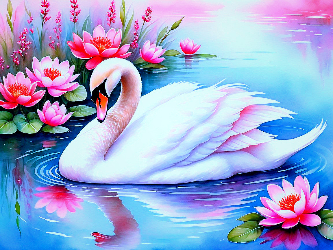 Serene Scene of a White Swan Among Water Lilies