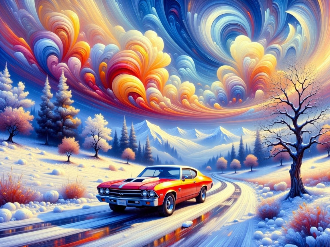 Classic Muscle Car in Vibrant Winter Landscape