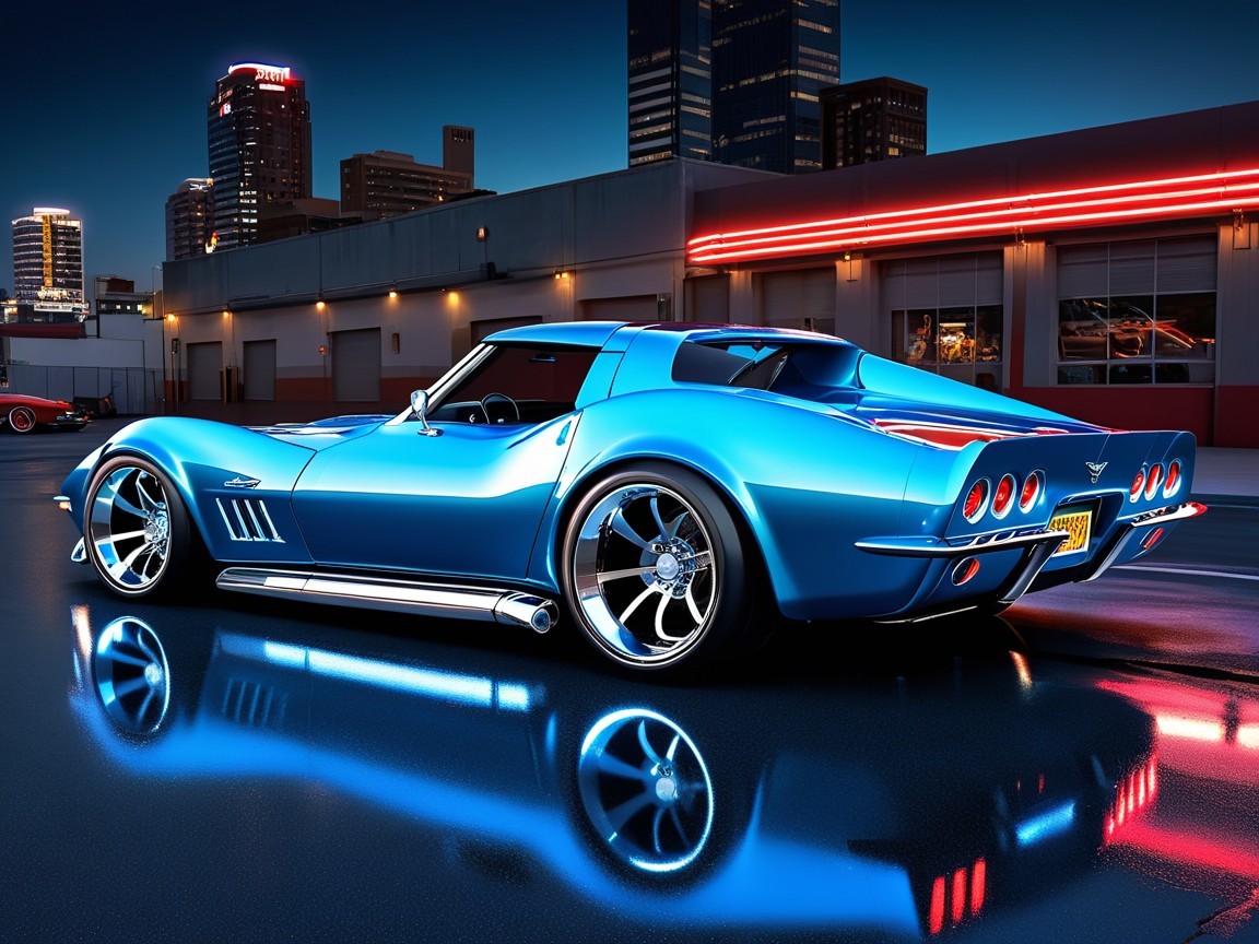 Blue Vintage Corvette Against City Skyline at Dusk
