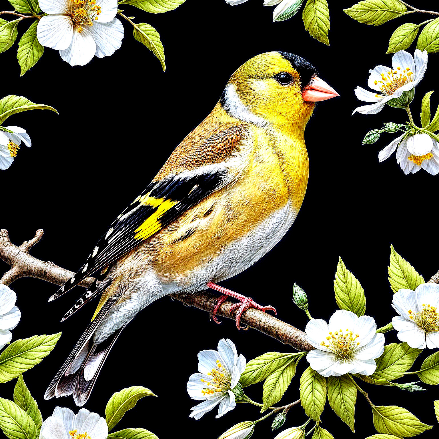 Goldfinch on Branch with White Blossoms and Dark Background
