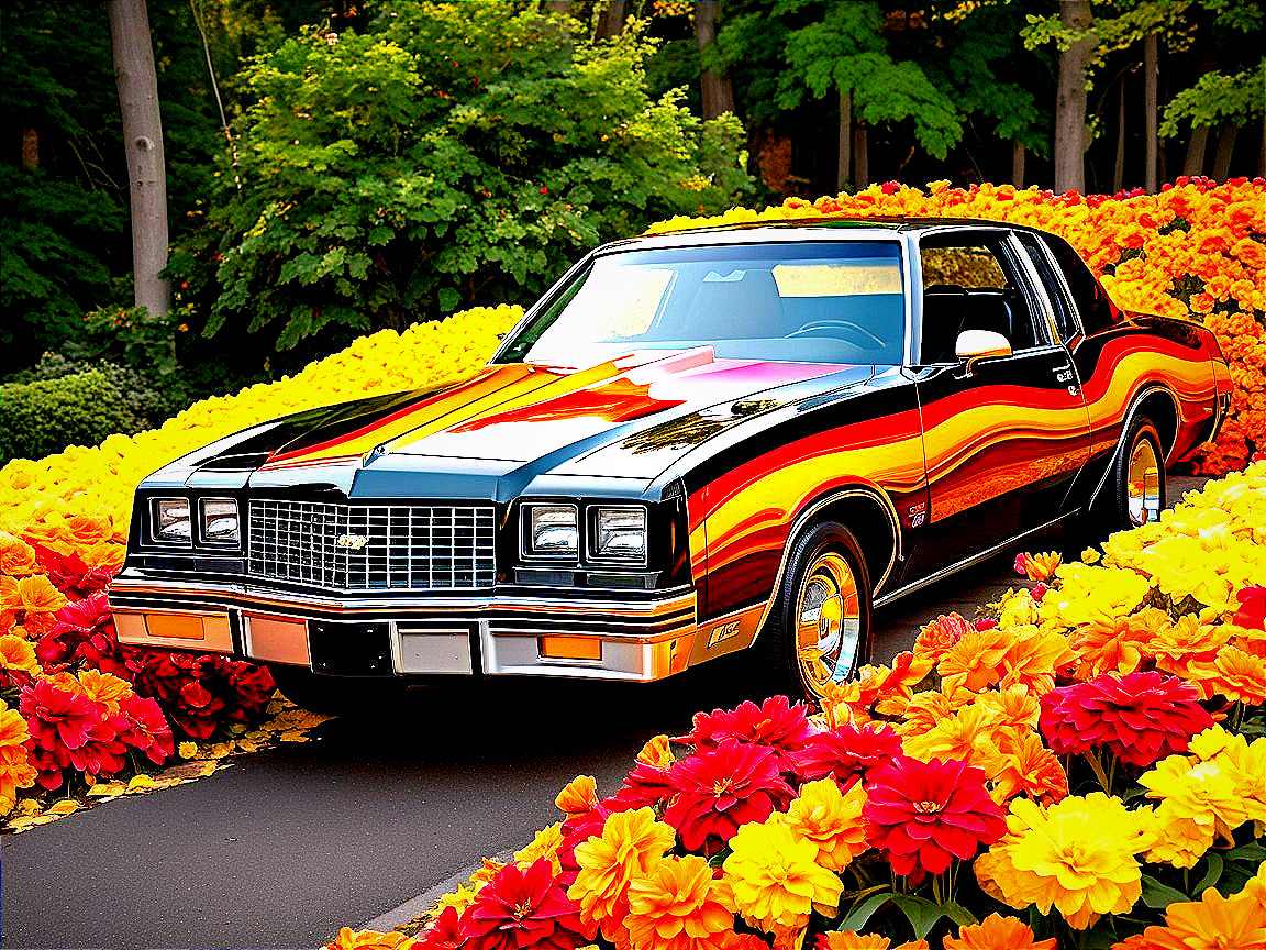 Vintage Car Surrounded by Colorful Flower Garden