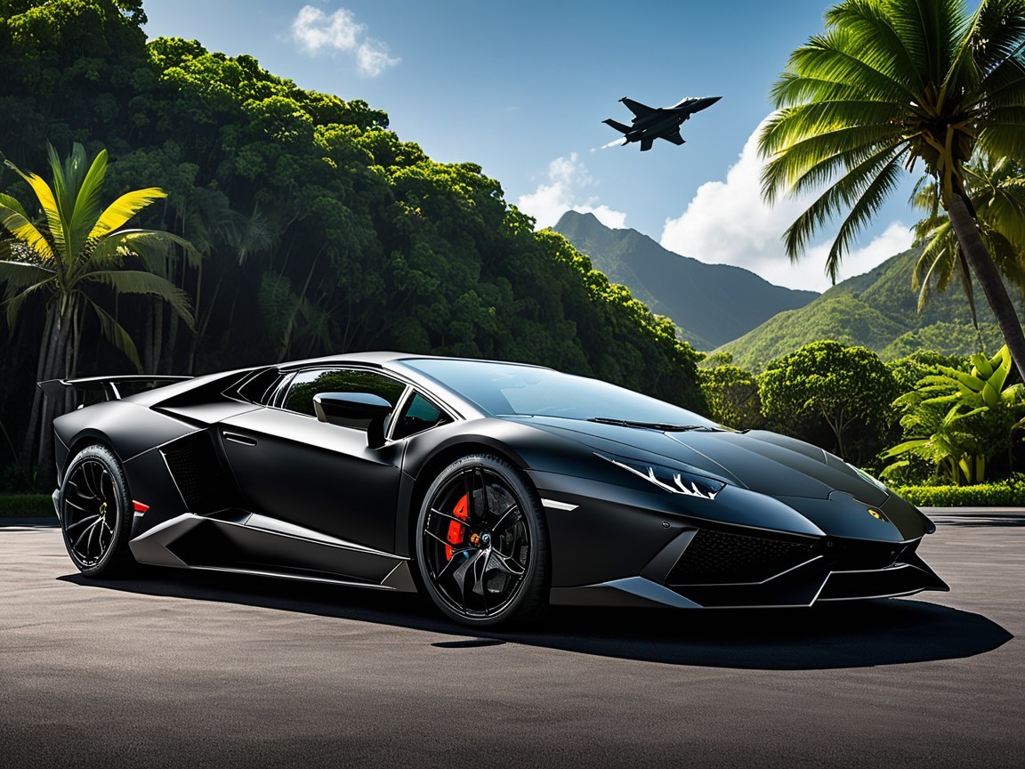 Black Lamborghini Aventador on Scenic Road with Jet