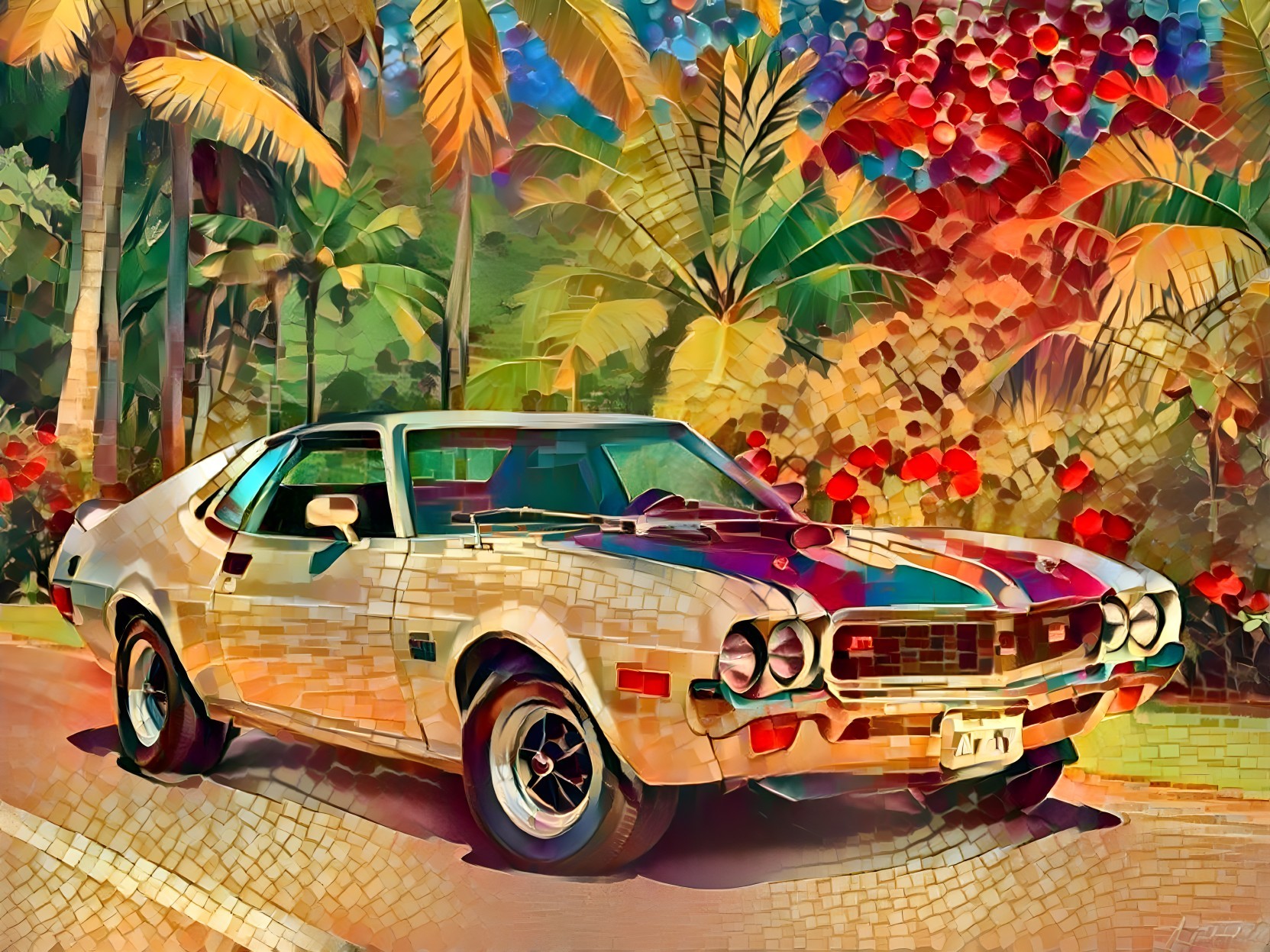 Vintage Car on a Sunny Palm-Lined Road