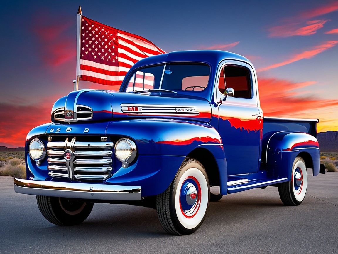 Vintage Blue Pickup Truck Against Sunset Sky