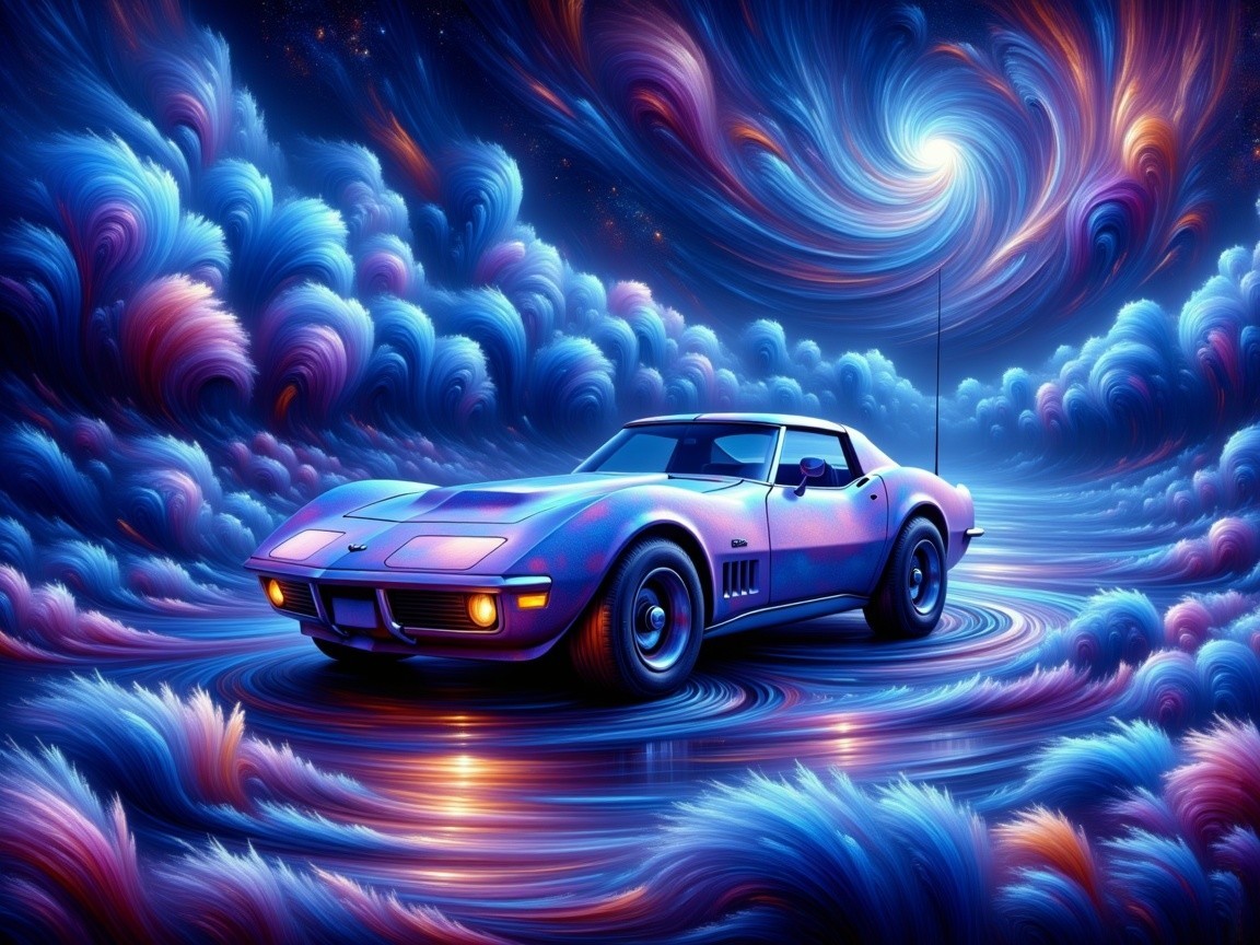 Classic car against vibrant cosmic cloud backdrop