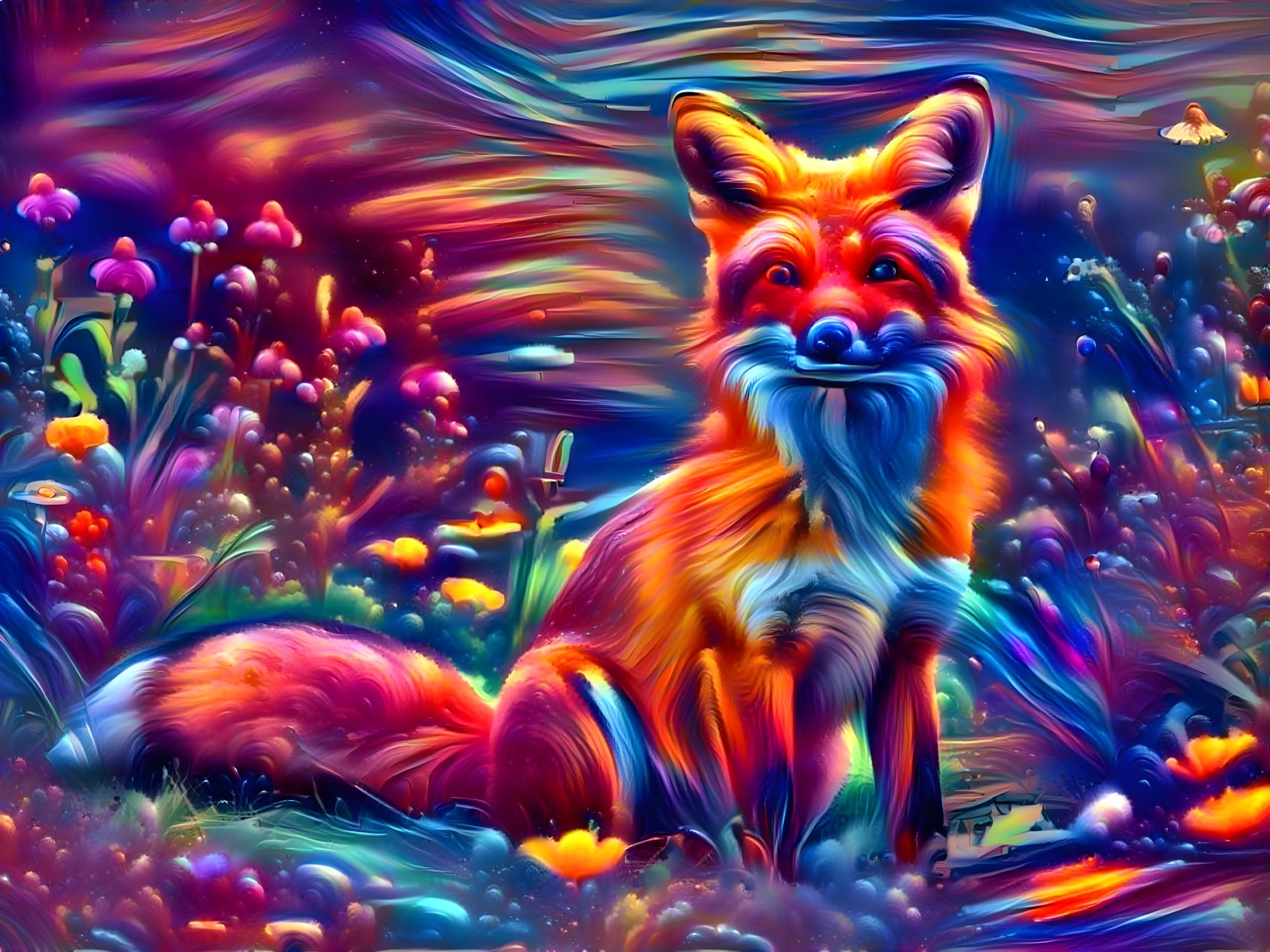 Vibrantly Colored Fox in a Dreamlike Landscape
