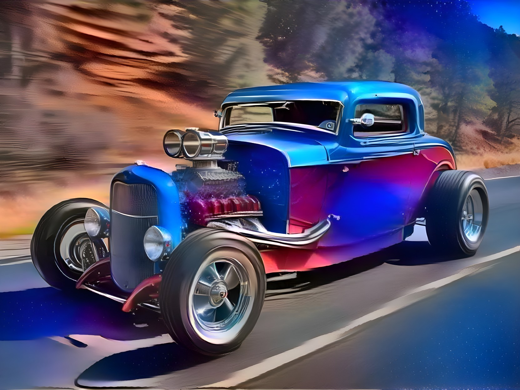 Vintage hot rod with blue-red gradient and chrome details