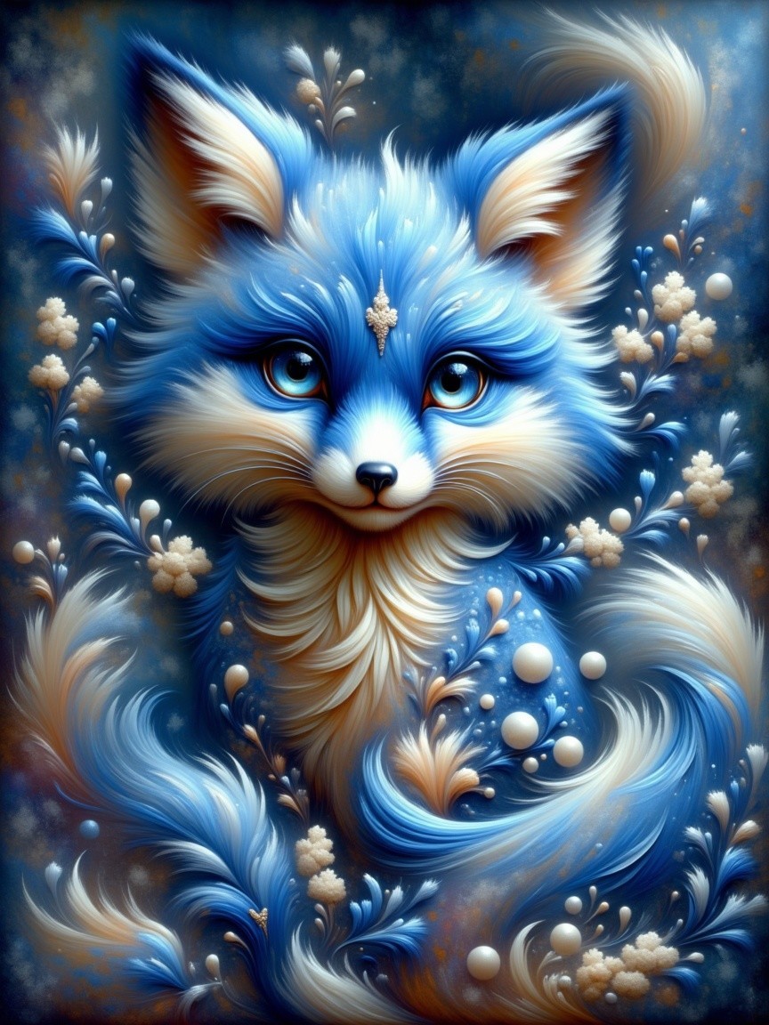 Whimsical Blue Fox with Floral Patterns and Colors