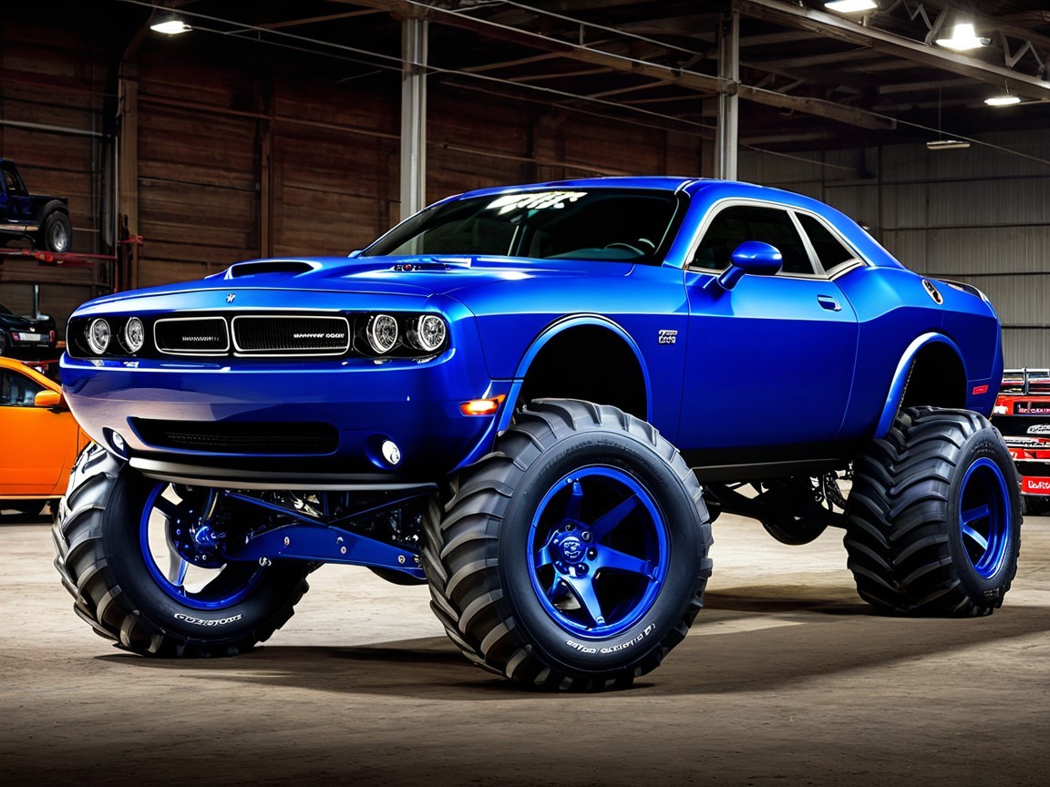 Blue Muscle Car with Off-Road Tires in Warehouse