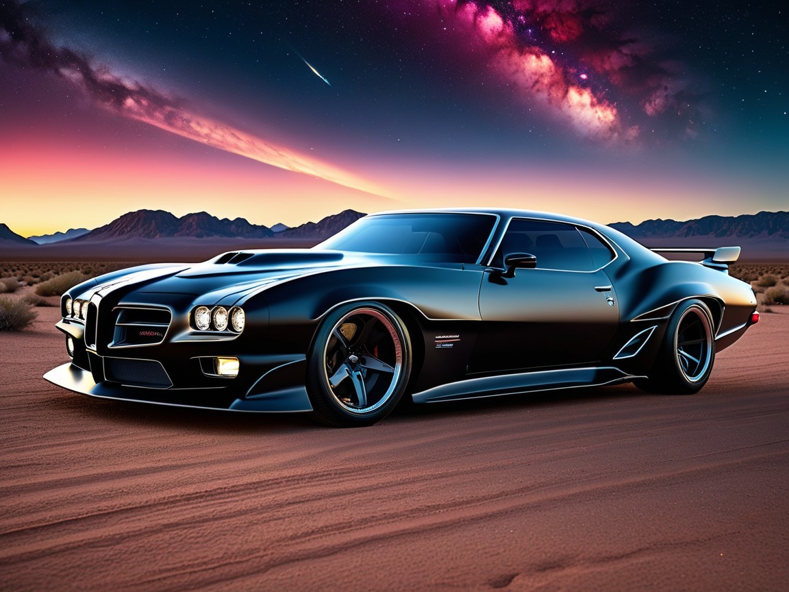Black Muscle Car in Desert at Sunset with Stars
