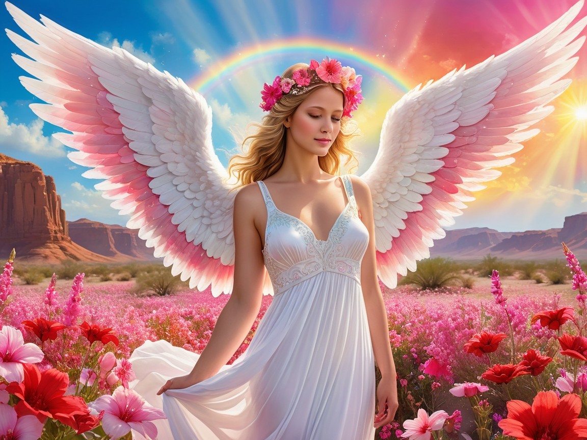 Angelic Woman in Desert with Flowers and Rainbow