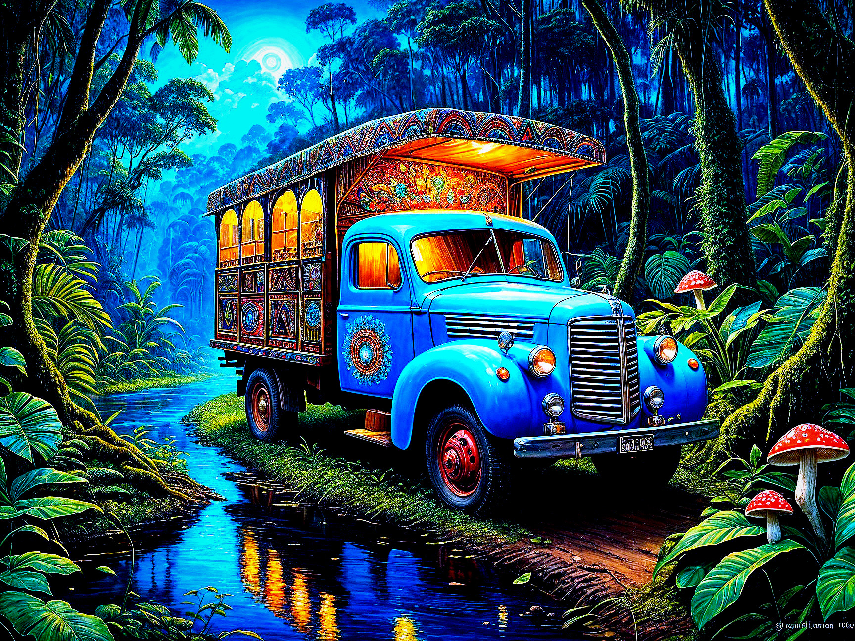 Vintage blue truck in a lush jungle setting