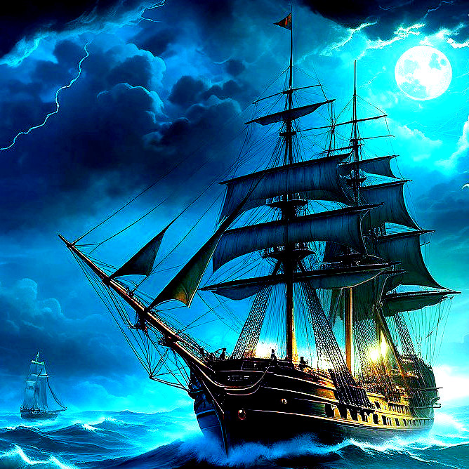 Black Pirate Ship on Stormy Sea Under Full Moon