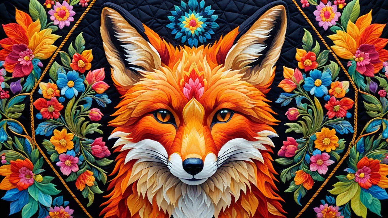 Vibrant Fox Head with Floral Motifs on Black Background