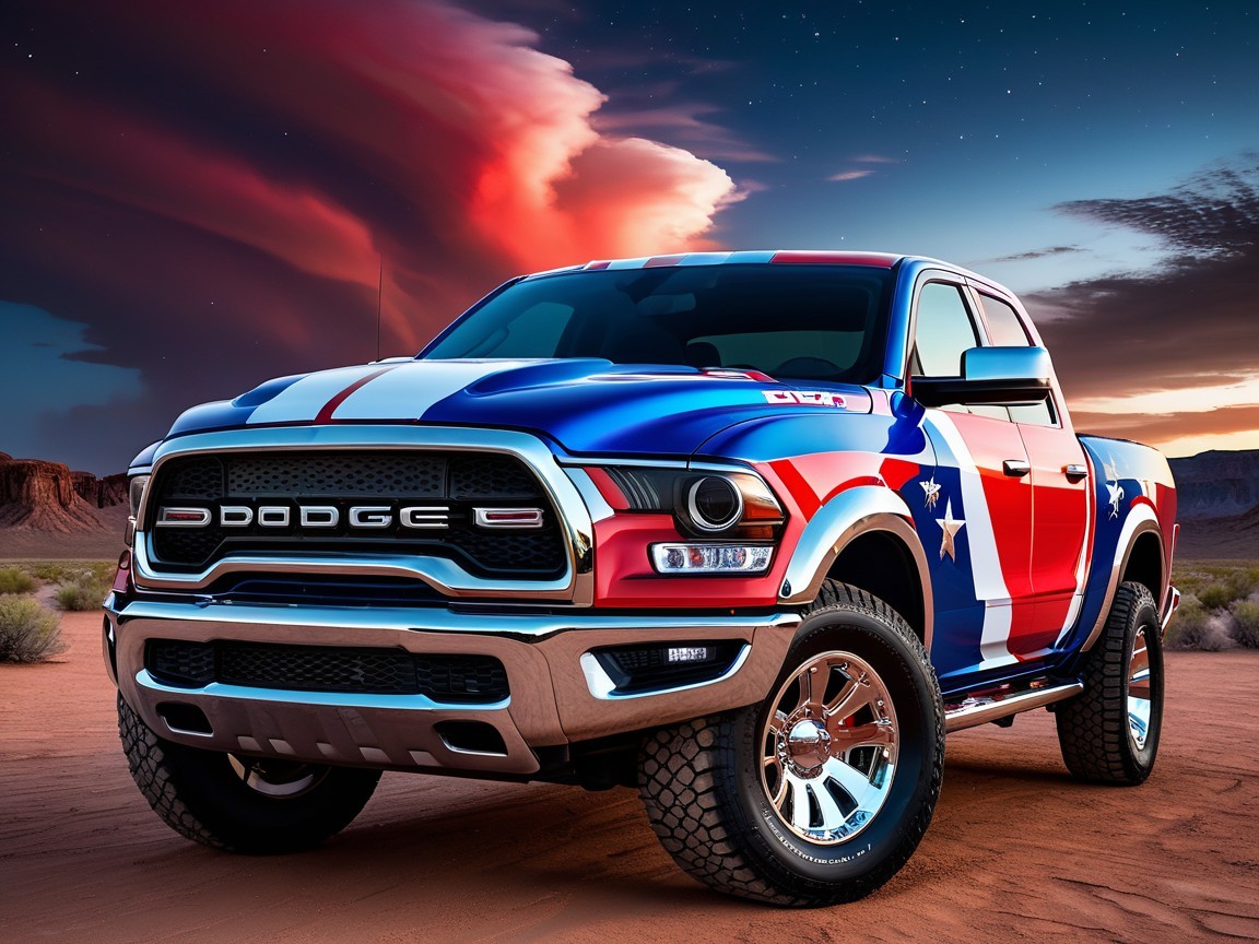 Dodge Truck with American Flag Paint in Desert Sunset