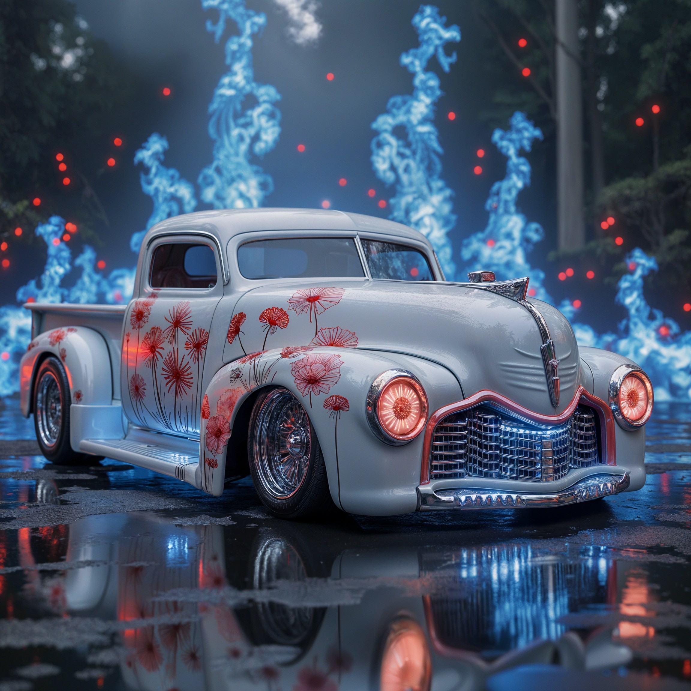 Vintage Pickup Truck with Floral Patterns and Flames