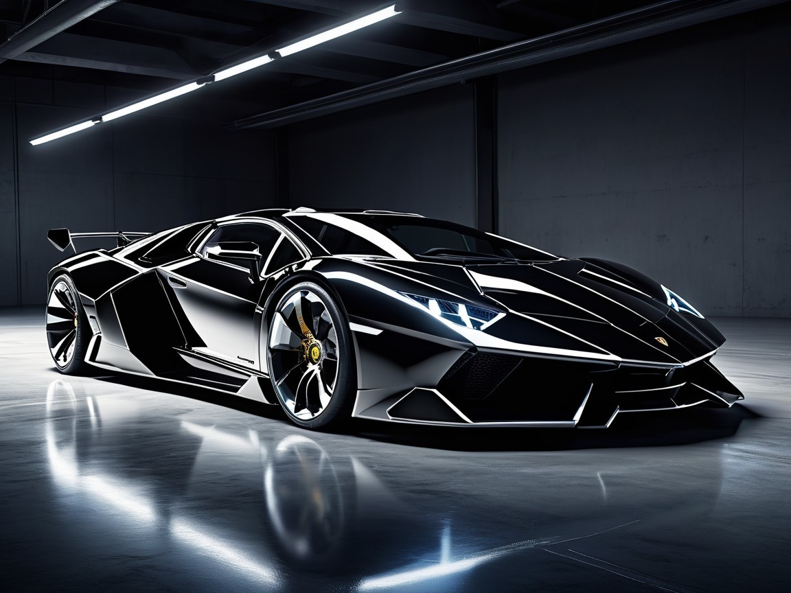 Sleek Black Lamborghini with Futuristic Design Features