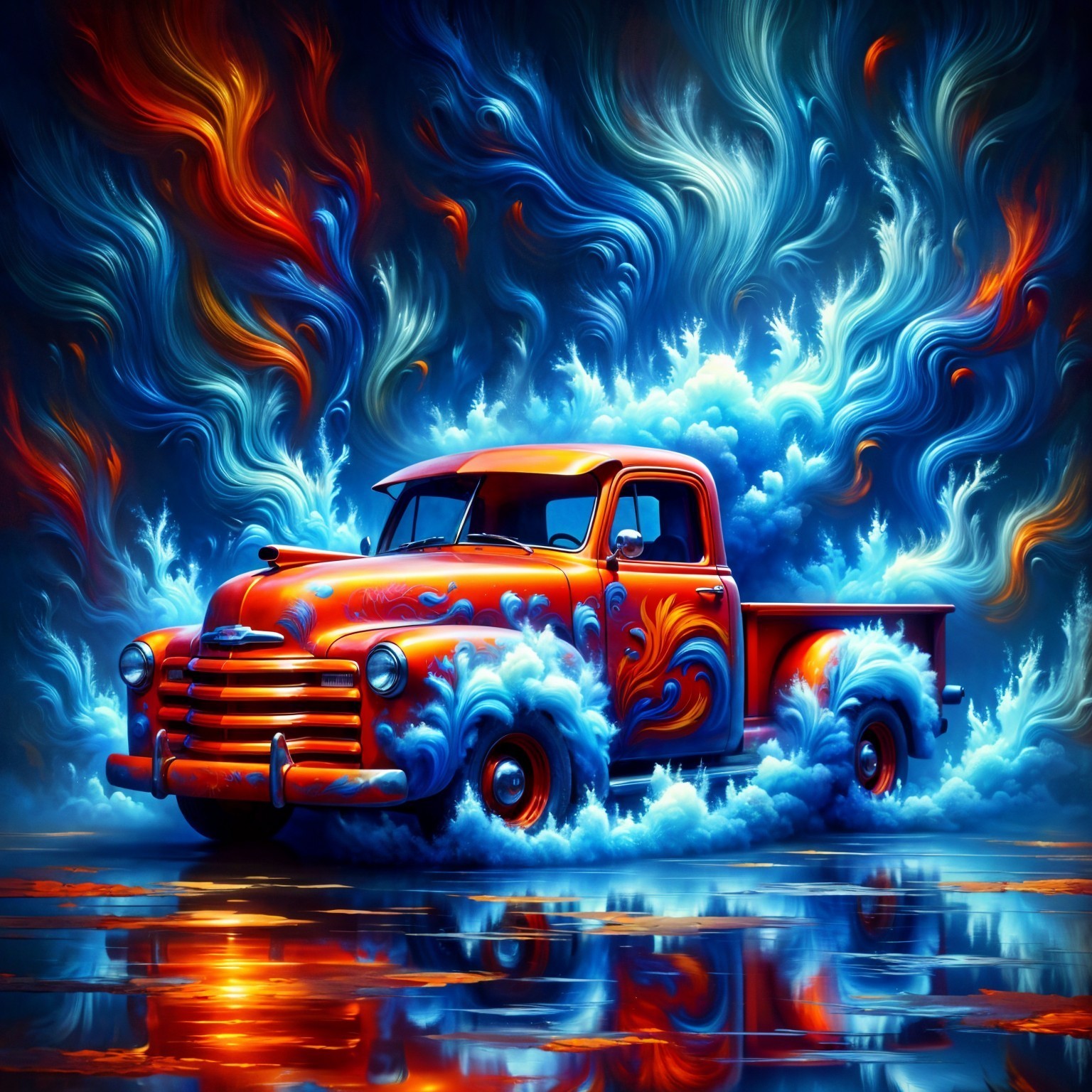 Vintage Pickup Truck in Colorful Smoke Background