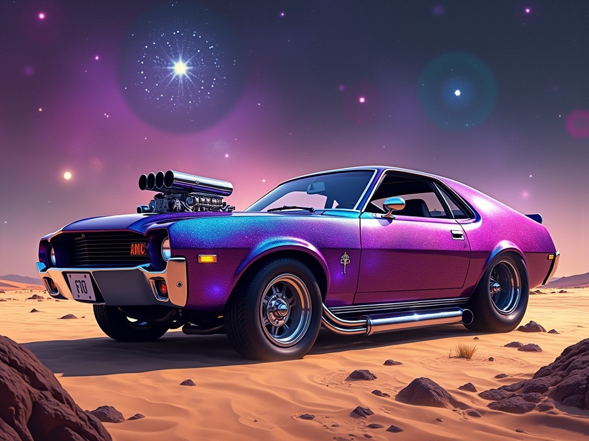 Retro-Futuristic Car in Desert Landscape at Night