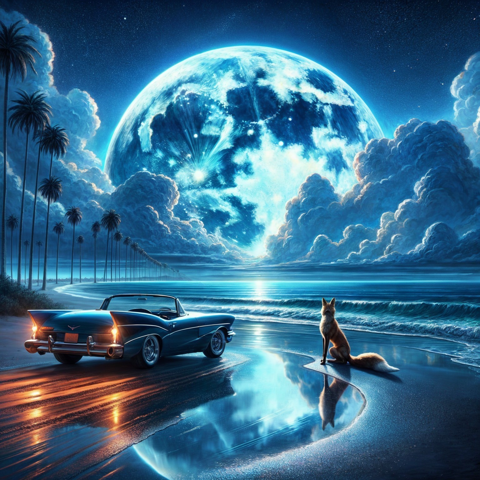 Vintage Car on Beach Under Full Moon with Palm Trees
