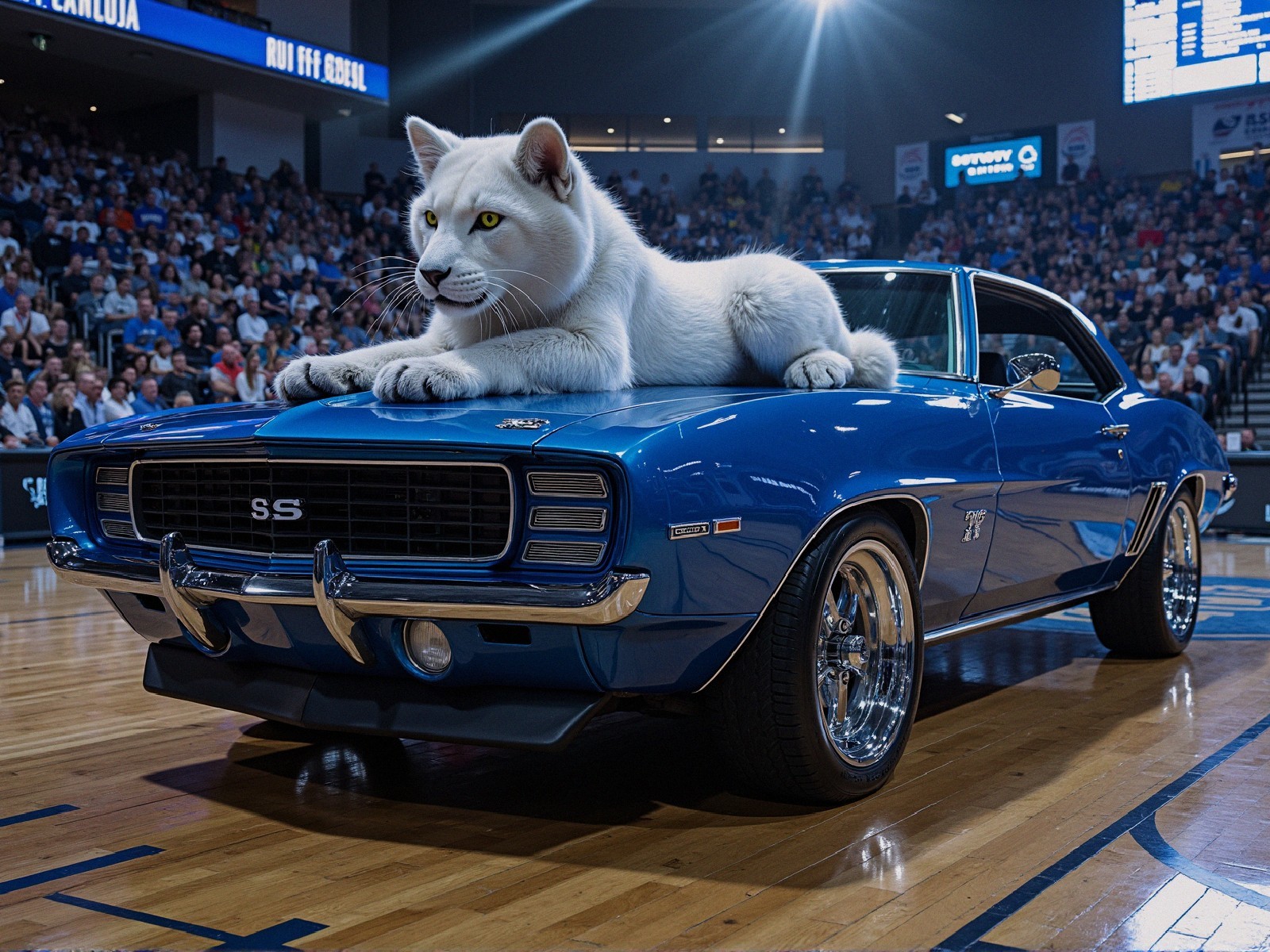 1969 Camaro SS on Basketball Court with Cat and Crowd