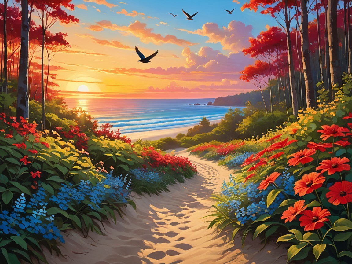 Serene Beach Scene at Sunset with Vibrant Flowers