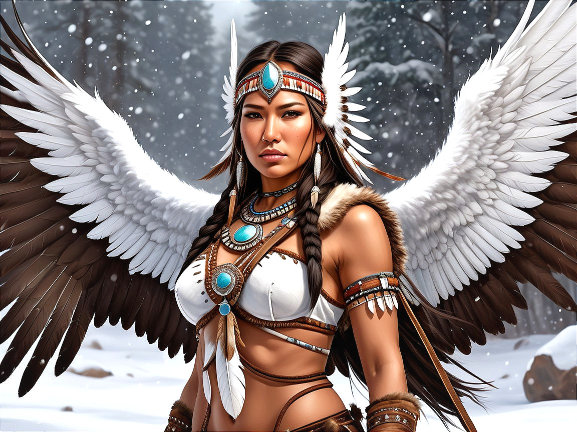 Tribal warrior woman in snowy forest with wings