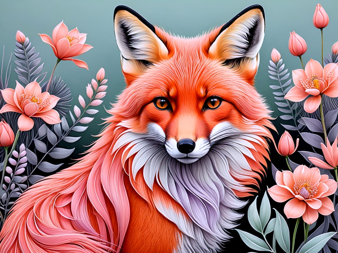 Vibrant Fox Surrounded by Pink Flowers and Green Foliage