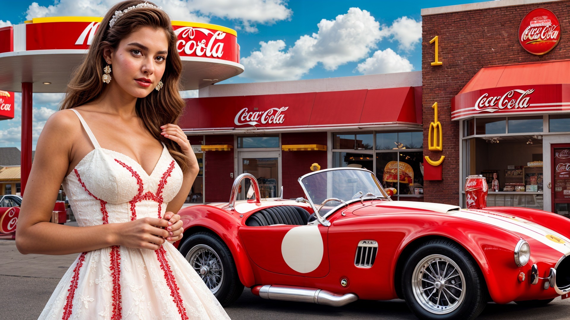 Vintage Woman in White Dress by Classic Sports Car