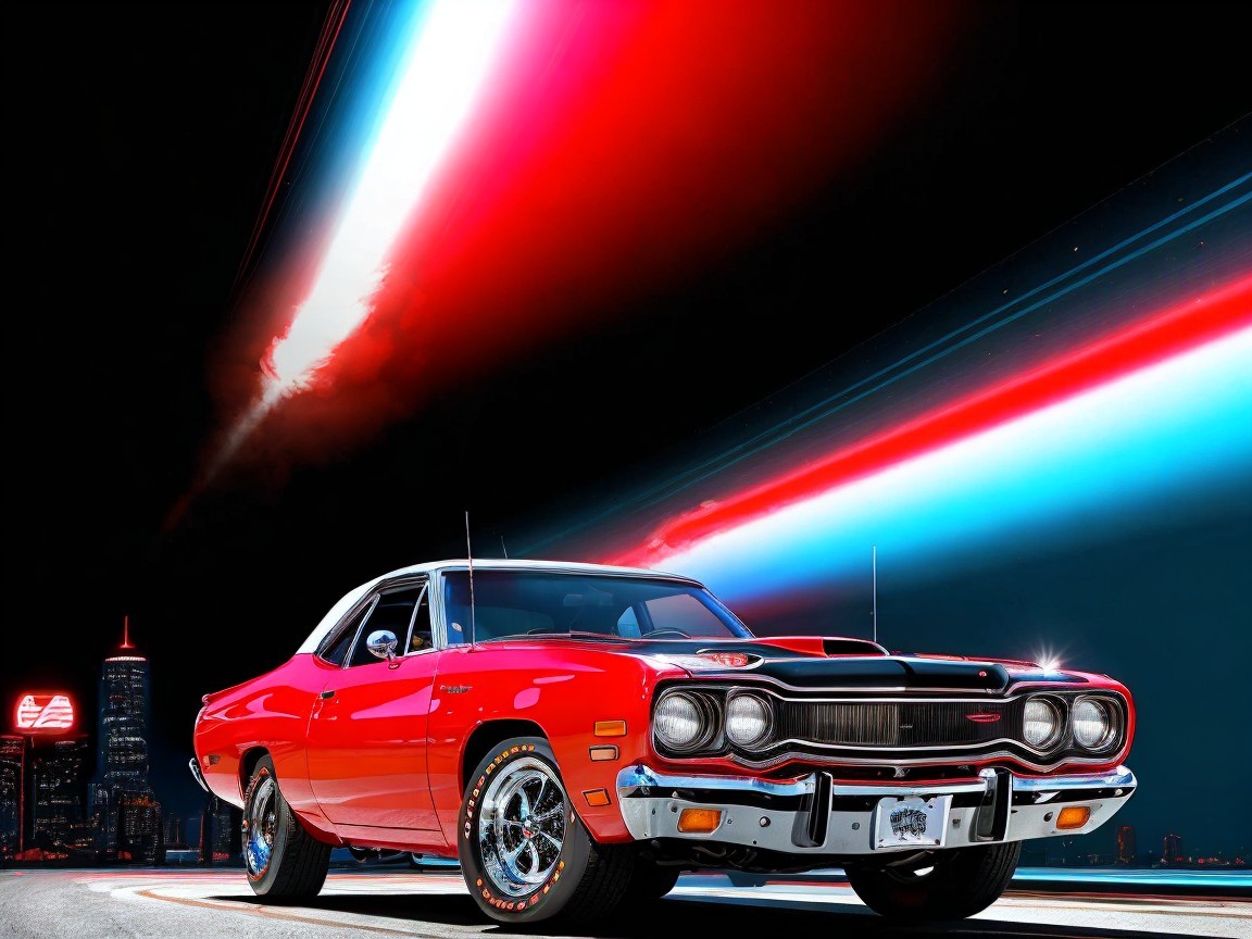 Classic Red Car Against Vibrant Night Skyline