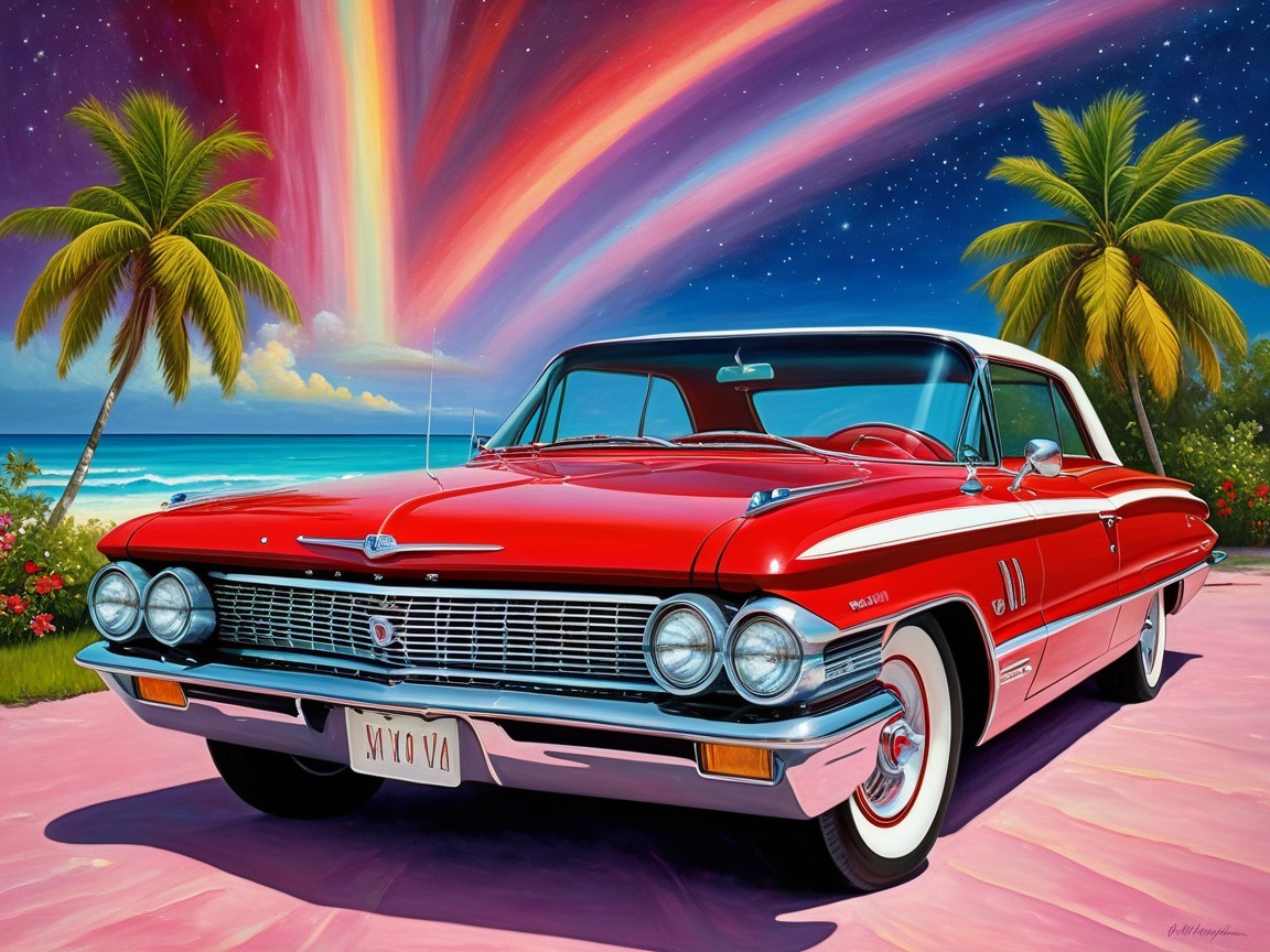 Classic Convertible on Pink Beach with Vibrant Sky