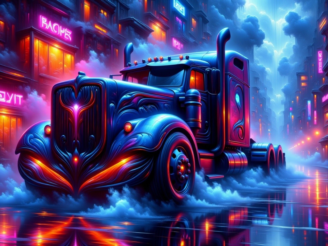 Futuristic Truck in Neon-Lit Cyberpunk City Scene