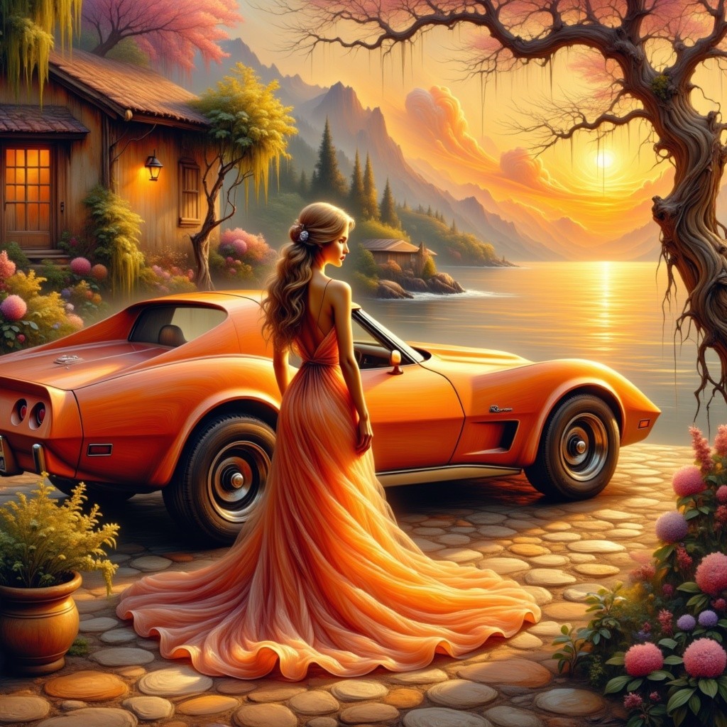 Serene Sunset Over Tranquil Lakeside with Corvette
