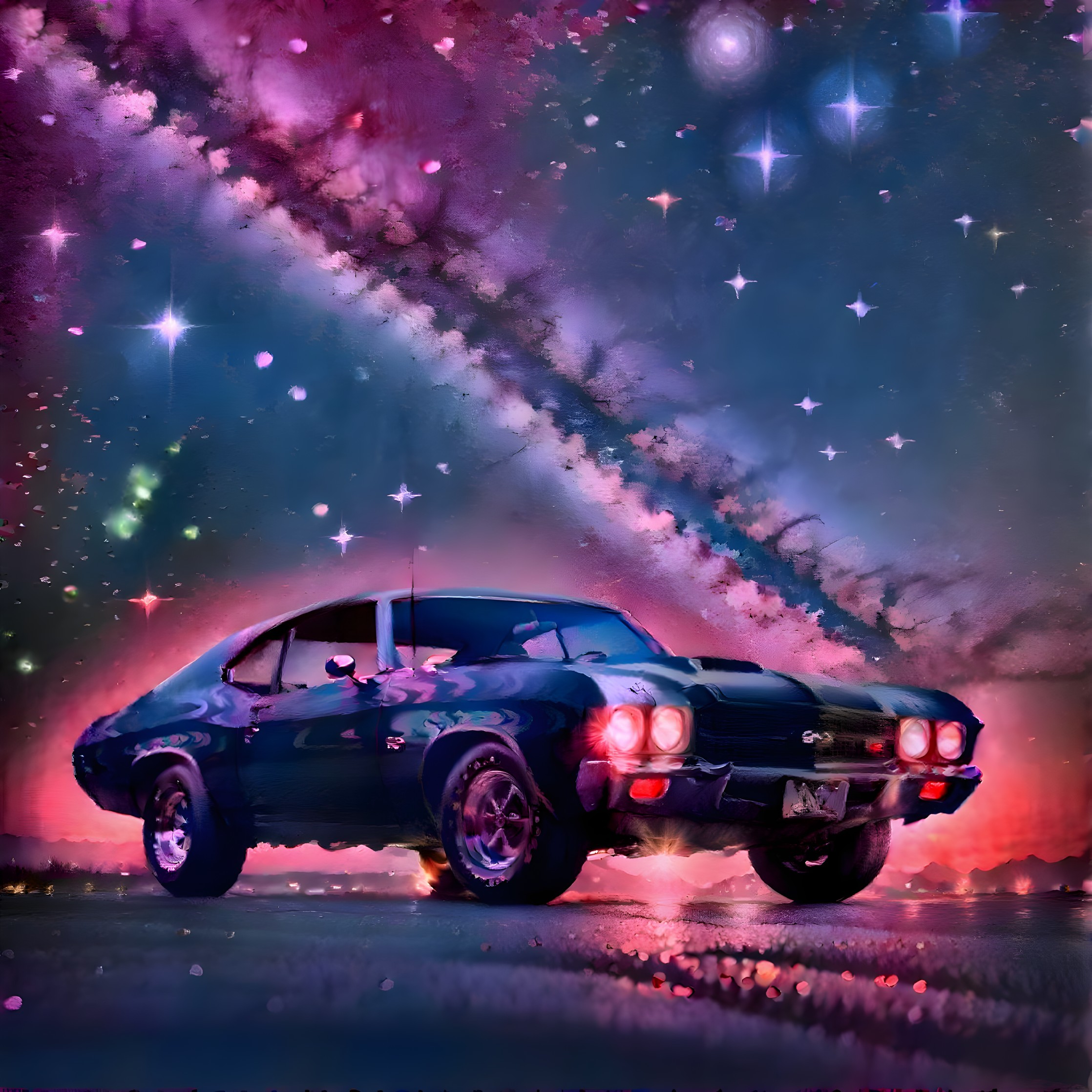 Classic Black Muscle Car Against Cosmic Backdrop