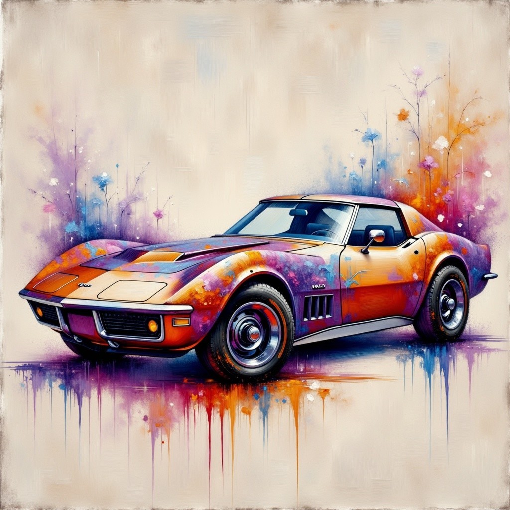 Vintage sports car with vibrant colors and floral patterns