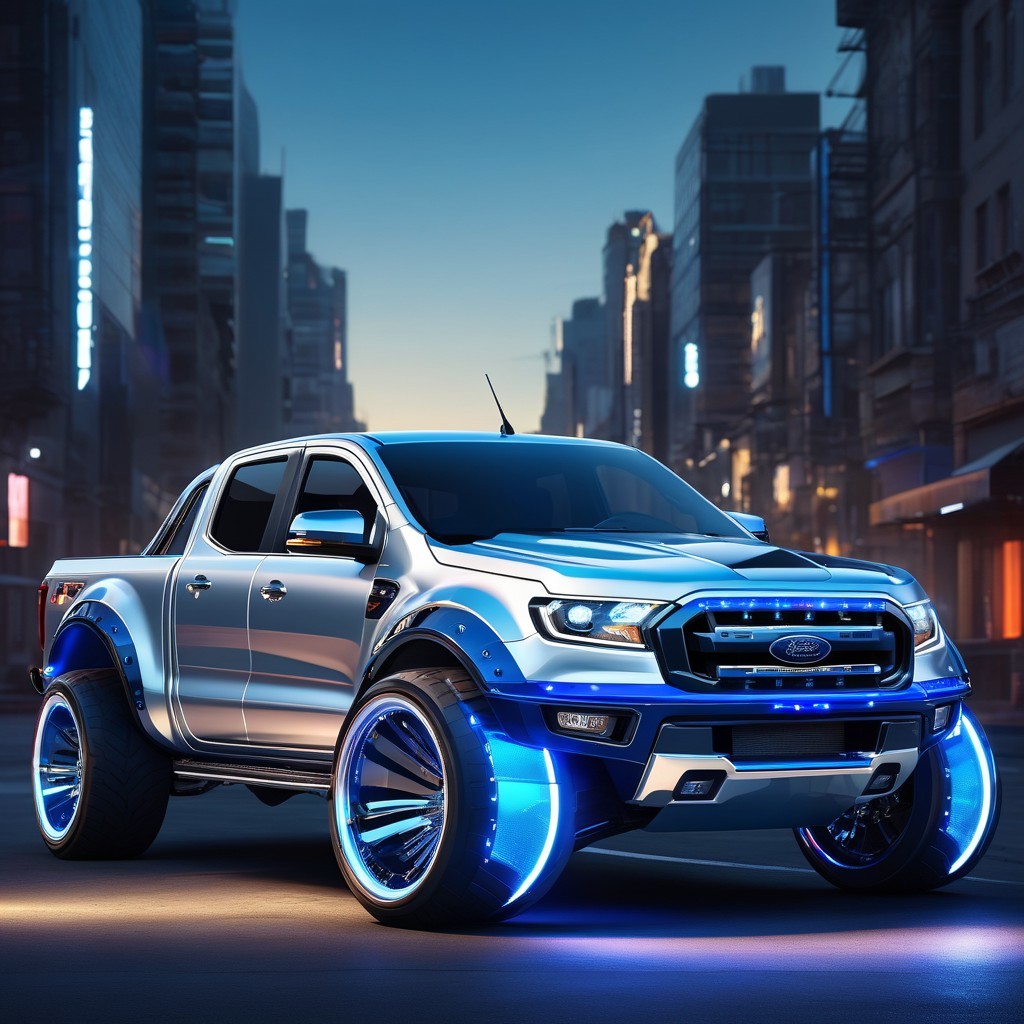 Custom Ford Truck in Futuristic Urban Dusk Setting