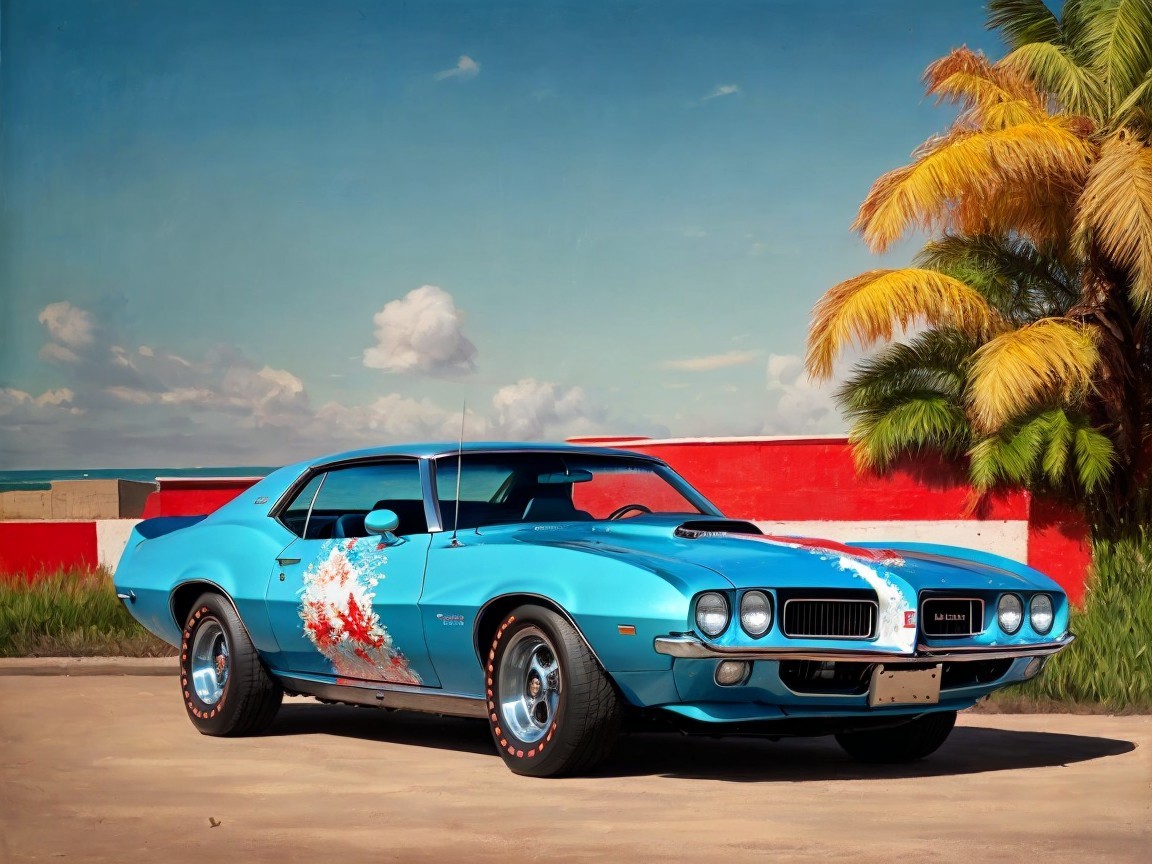 Turquoise Classic Car Under Palm Tree by Beach