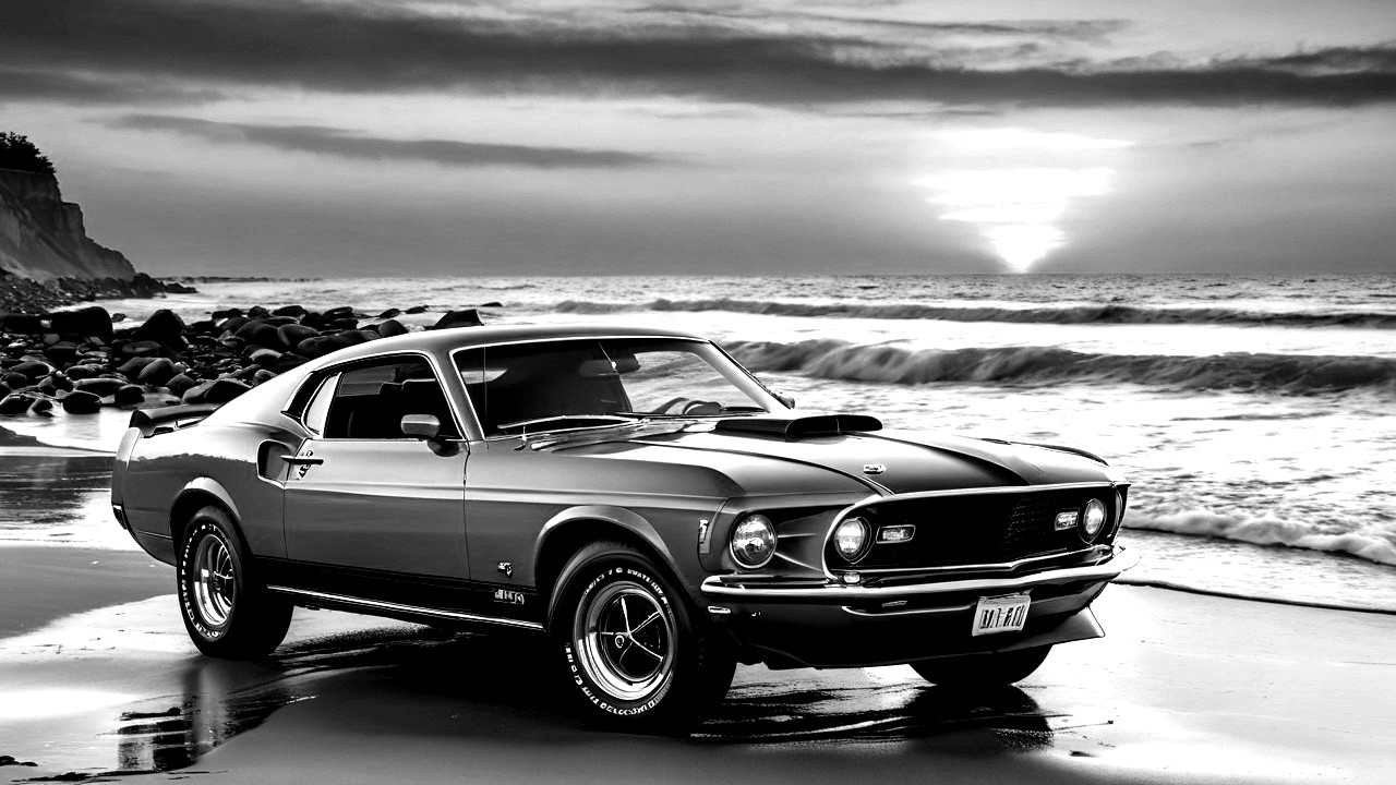 1969 Ford Mustang at Beach with Sunset Background