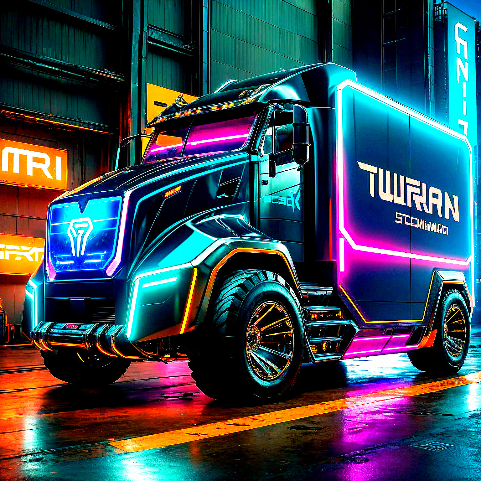 Futuristic Truck in Neon-Lit High-Tech Environment