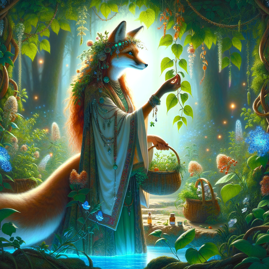 Majestic fox in floral crown in a magical forest