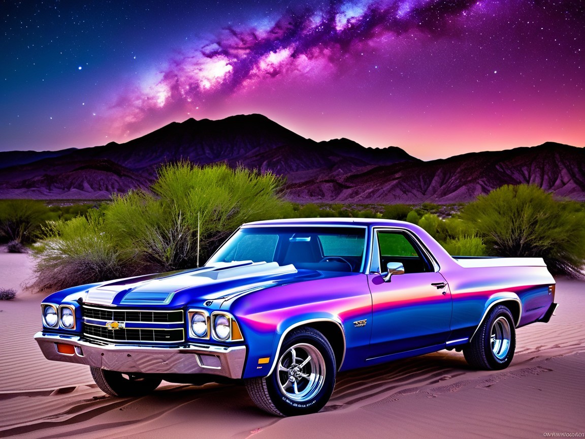 Classic Chevy El Camino in Purple and Blue at Sunset
