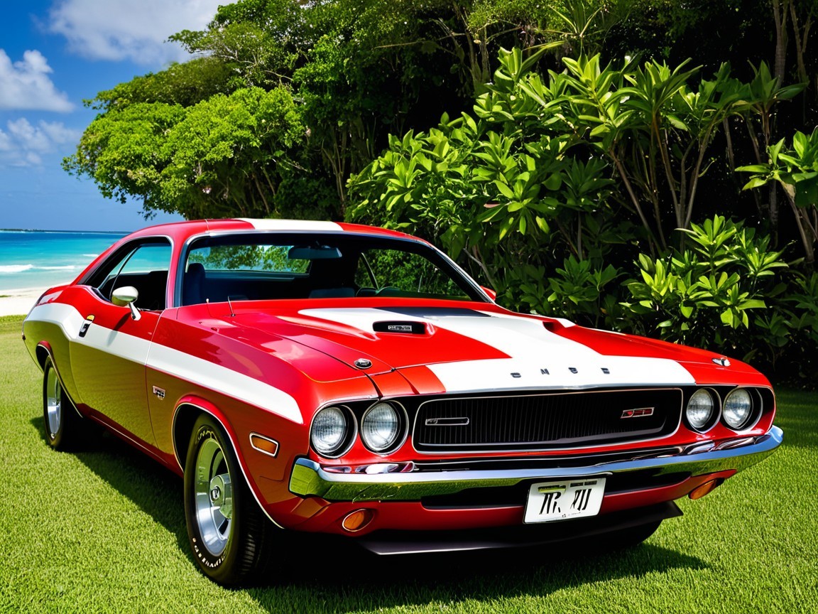 Classic Muscle Car on Green Grass by Beach and Palm Trees