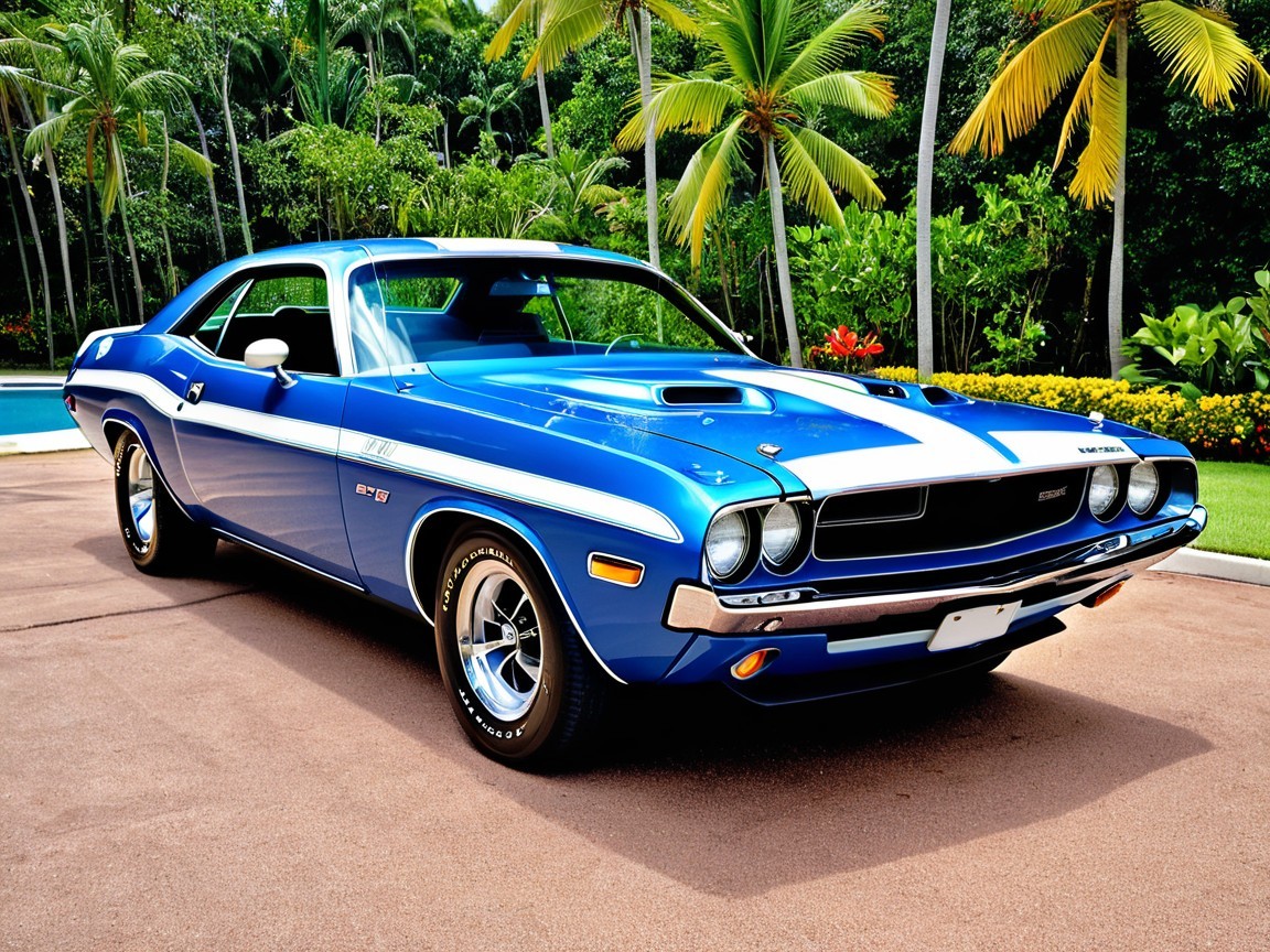 Classic Blue Muscle Car in Tropical Setting