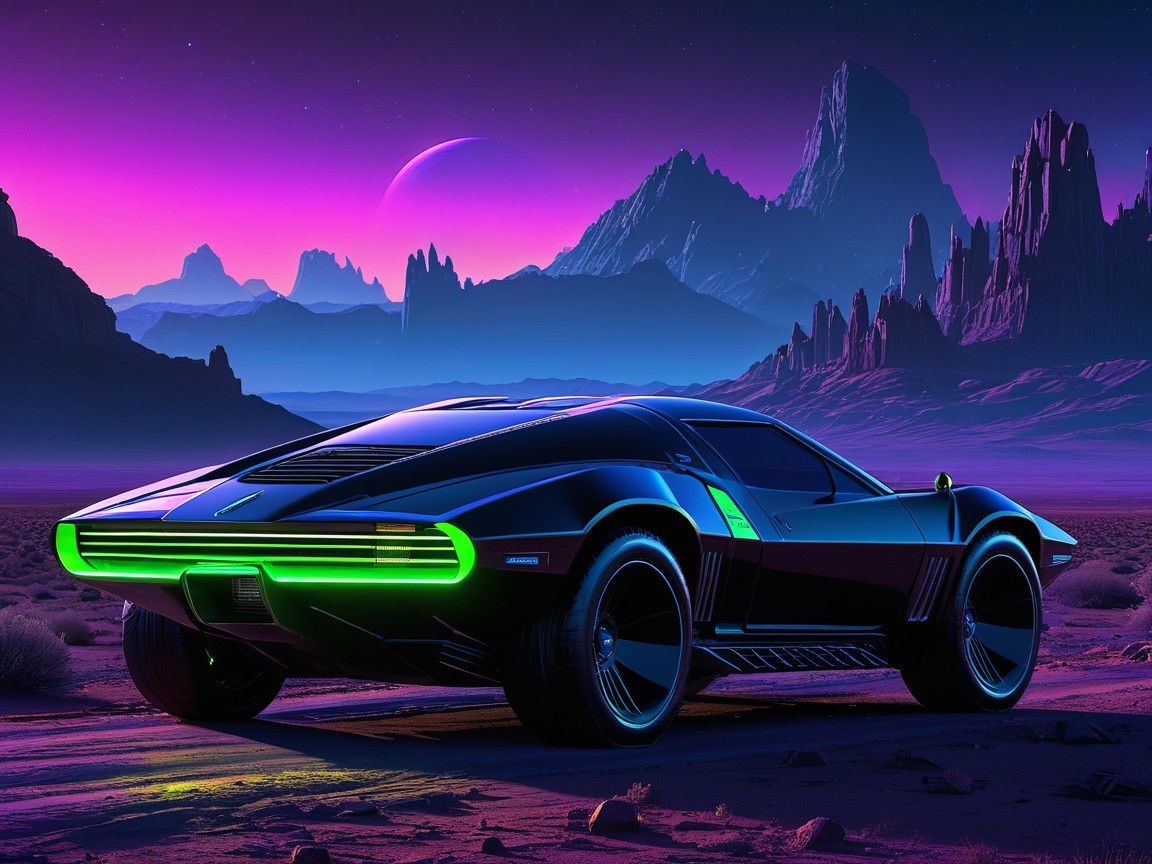 Futuristic Car in Otherworldly Landscape with Mountains