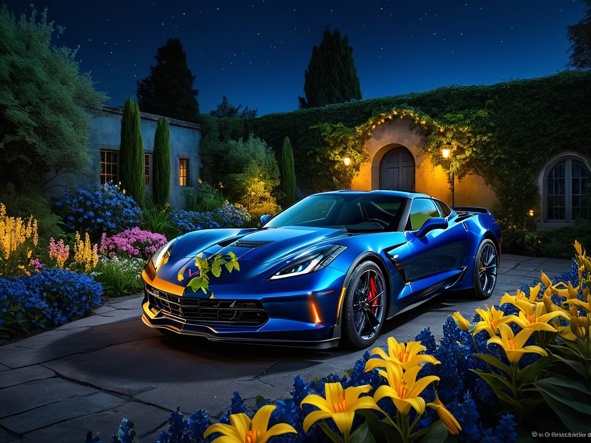 Blue Sports Car Surrounded by Vibrant Flowers at Night