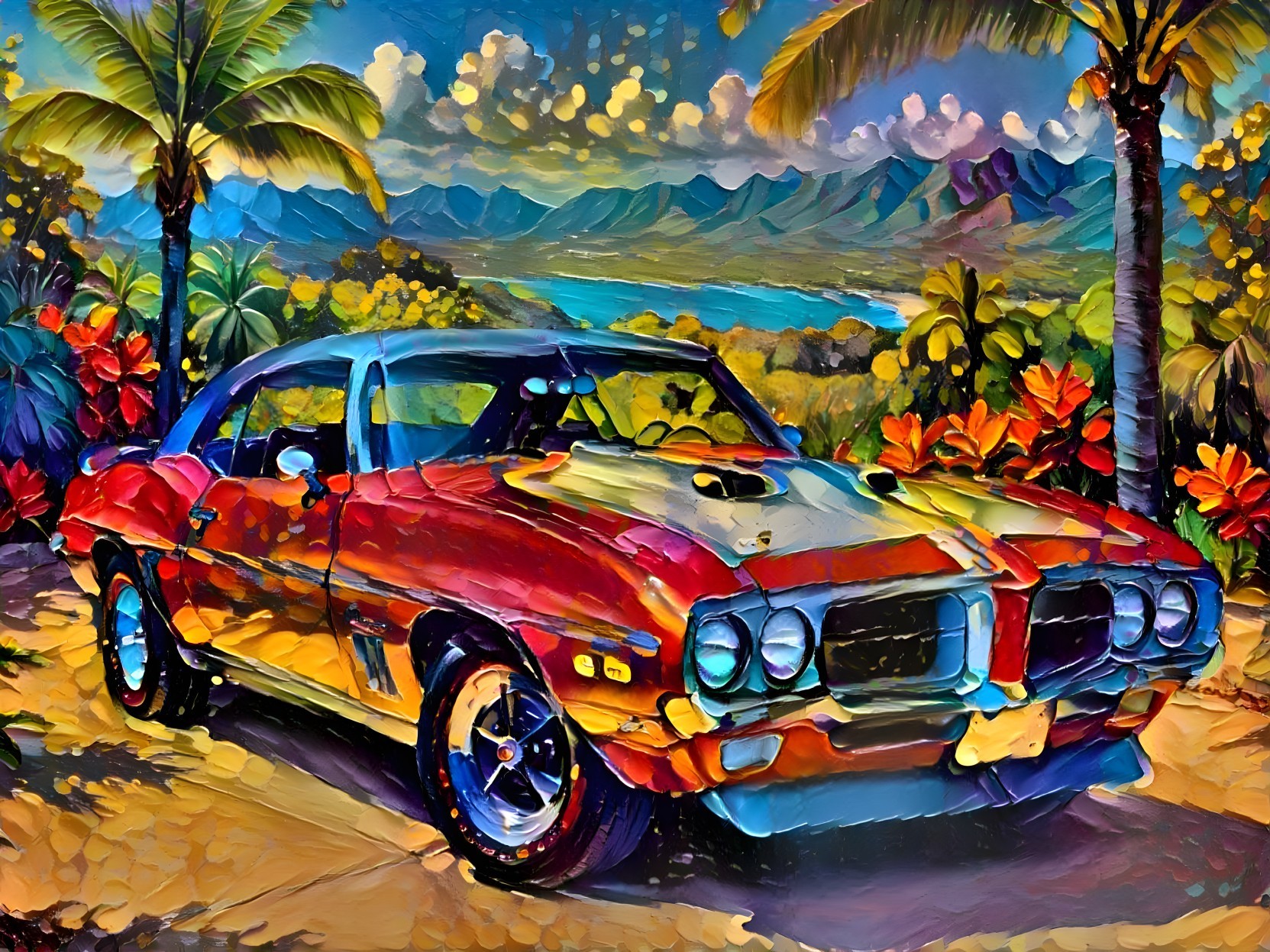 Retro Muscle Car in Tropical Setting with Vivid Colors