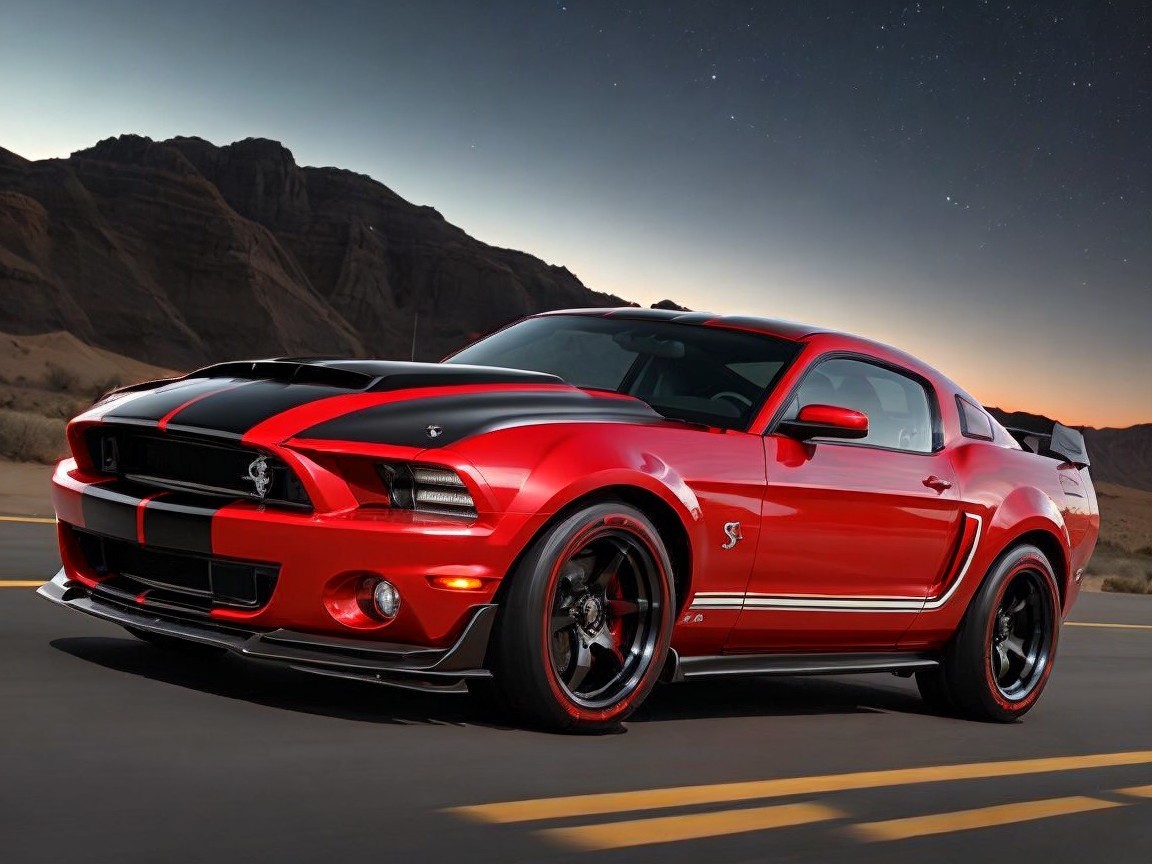 Red Sports Car with Black Stripes and Mountain Backdrop