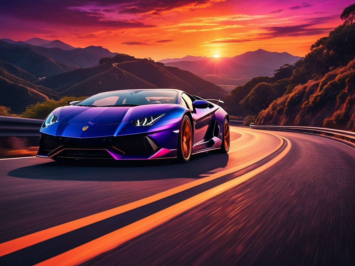 Purple Lamborghini Aventador on a winding road at sunset